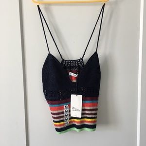 NWT Zara Knit Crochet Tank Top Rainbow Stripped Navy Blue Corset Vest